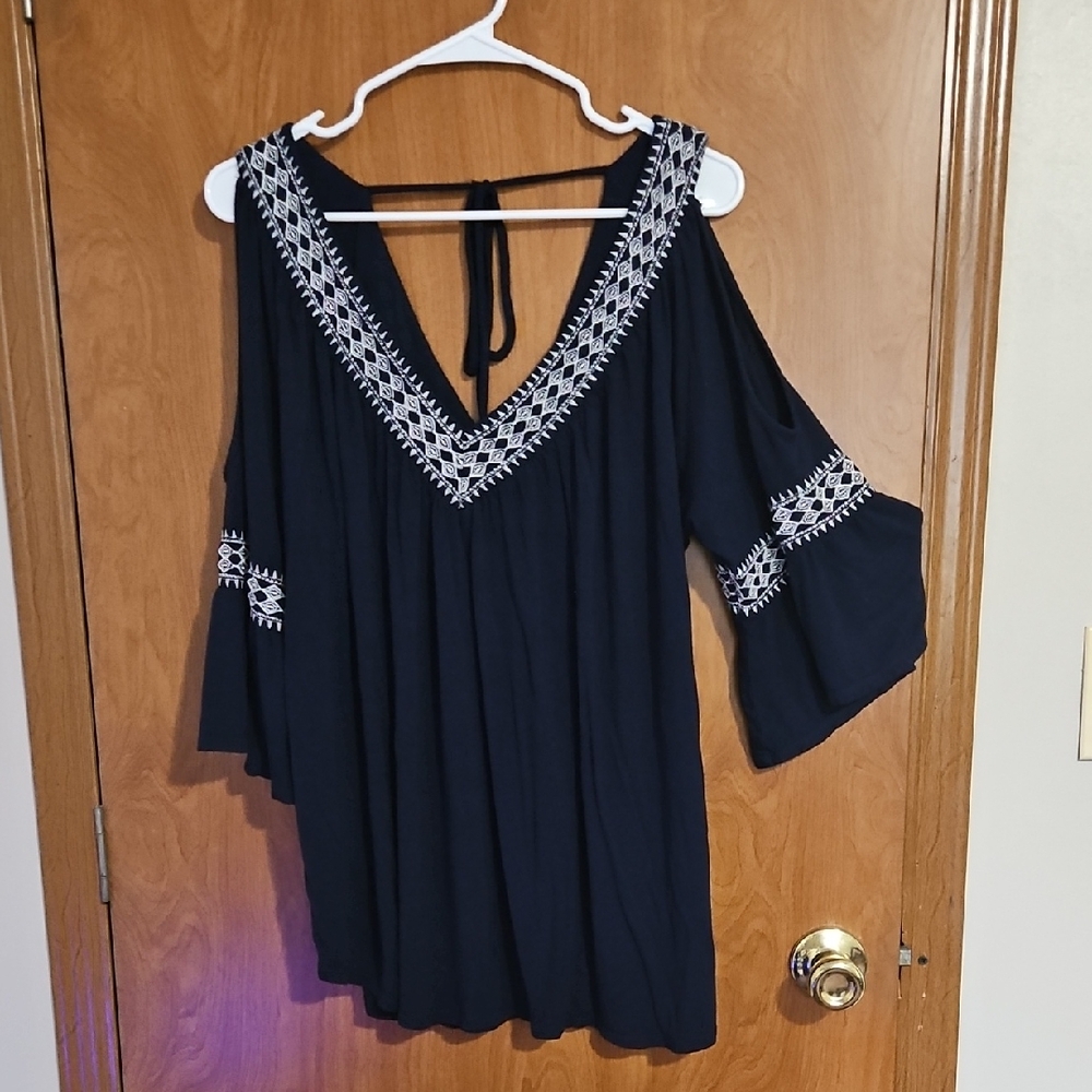 Simply Emma Navy Blouse with White Embroidery